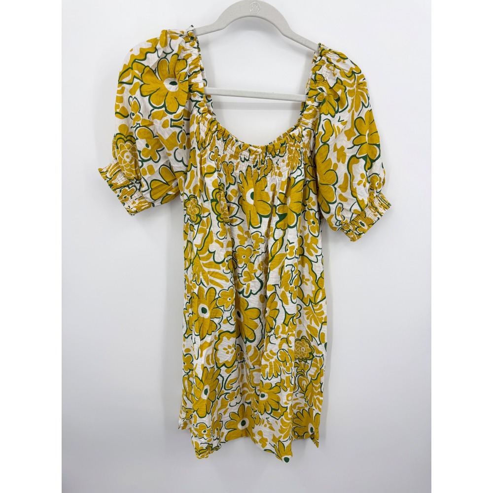 Umgee‎ K9297 Floral Smocked Mini Dress Women S Yellow Green Puff Sleeve Pockets